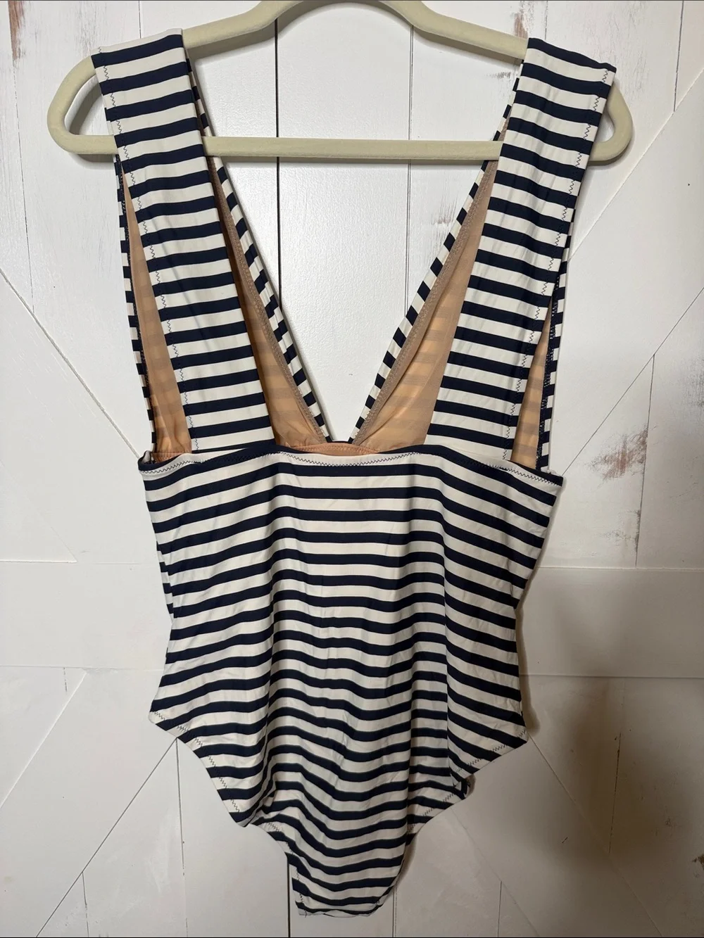 J. Crew Navy White Striped One Piece Swimsuit Deep V
